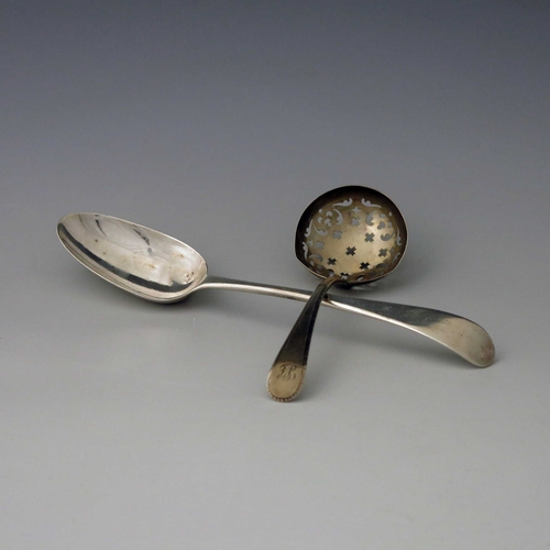 45 - A George III silver sifter spoon, George Smith III, London 1774, Feather Edge Old English pattern wi... 