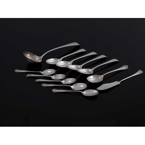 47 - George III and later silver flatware, various makers and dates, including sauce ladle, teaspoons, co... 