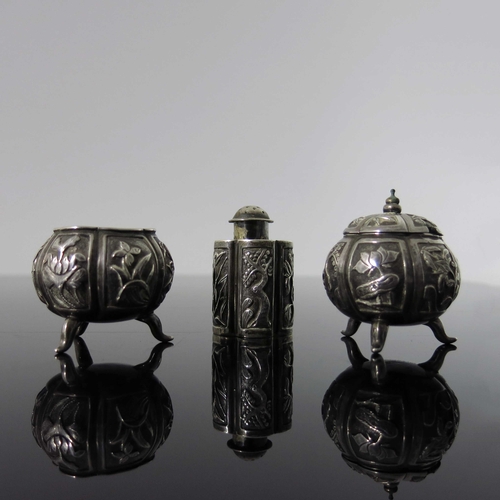 5 - A Chinese export silver three piece cruet, Tai Hua, circa 1900, lobed melon form mustard and salt ce... 