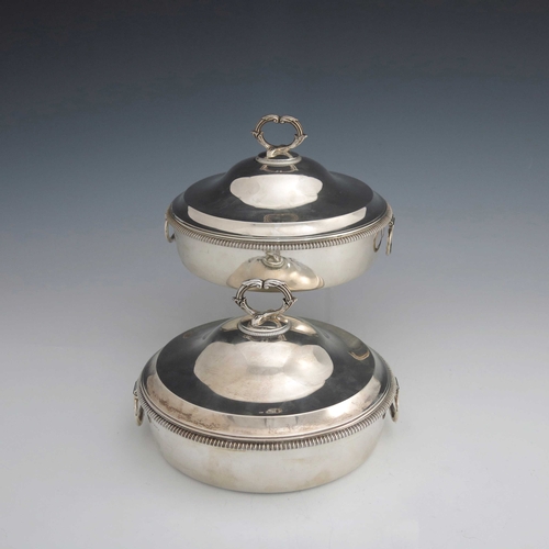 66 - A pair of George III silver chafing dishes and covers, Richard Cook, London 1805, each of circular d... 