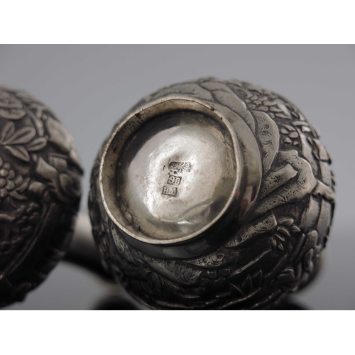 7 - A small pair of Chinese export silver vases, Wang Hing, Canton circa 1890, globe and shaft form, emb... 