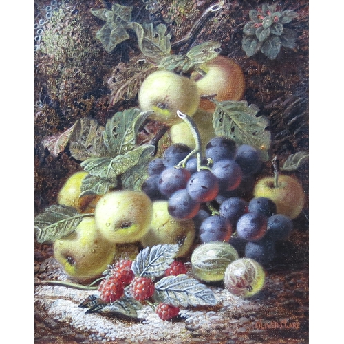 302 - Oliver Clare (British, 1853-1927), still life of apples, grapes, raspberries and greengages on a mos... 