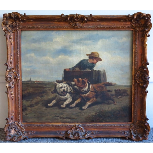 304 - British School, 19th Century, a peasant boy in a cart hauled by dogs, oil on canvas, 50 by 60cm, gil... 