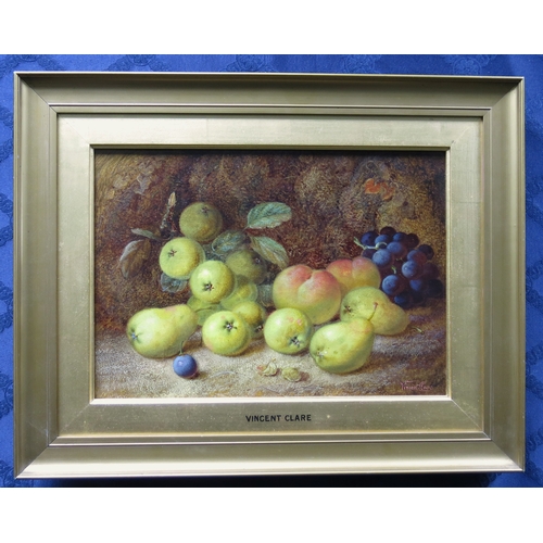 306 - Vincent Clare (British, 1855-1930), still life of apples, pears and grapes on a mossy bank, signed l... 