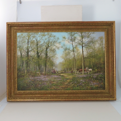 318 - James Wright (British, 1935), Logging, signed l.r., oil on canvas, 50 by 75cm, gilt frame