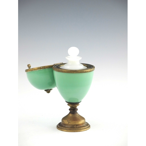 375 - A French Palais Royale glass and gilt mounted pedestal egg box and scent bottle, the jade green box ... 