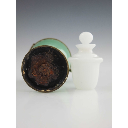 375 - A French Palais Royale glass and gilt mounted pedestal egg box and scent bottle, the jade green box ... 