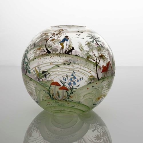 392 - A Bohemian Secessionist enamelled glass vase, probably Haida circa 1900, spherical form, painted in ... 