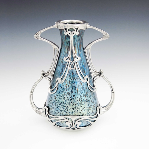 395 - Loetz for Boudon and Klahr, a Secessionist glass Cobalt Papillon iridescent glass and pewter mounted... 