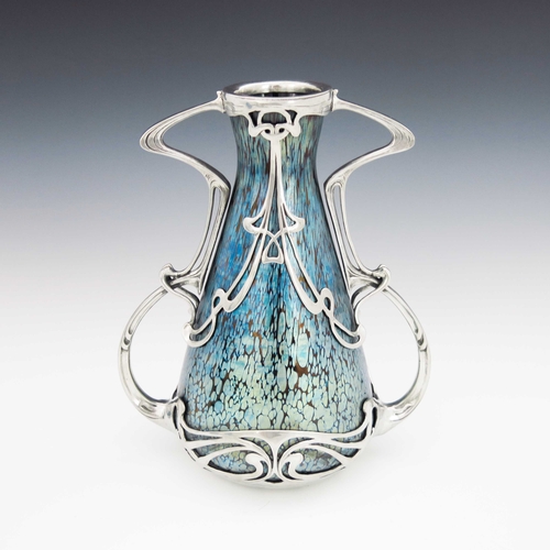 395 - Loetz for Boudon and Klahr, a Secessionist glass Cobalt Papillon iridescent glass and pewter mounted... 