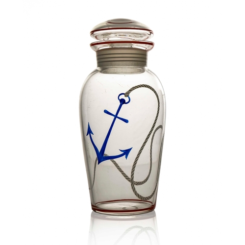 408 - An Art Deco enamelled glass cocktail shaker, shouldered form, painted with  blue anchor and rope, wi... 