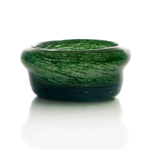 412 - Sam Herman (attributed), an art glass bowl, irregular squat ogee gourd form, cased with streaky blue... 