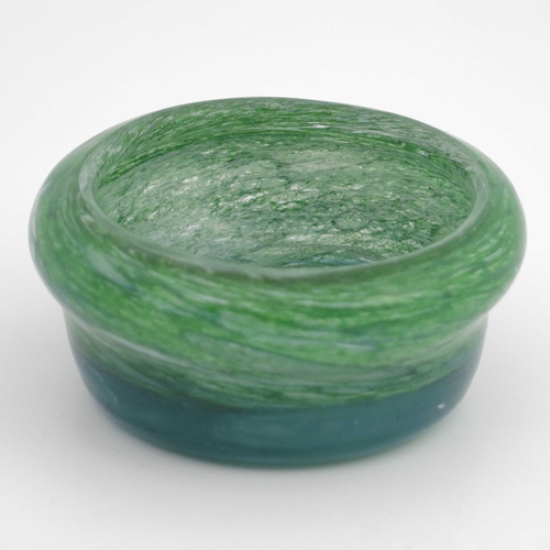 412 - Sam Herman (attributed), an art glass bowl, irregular squat ogee gourd form, cased with streaky blue... 