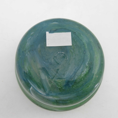 412 - Sam Herman (attributed), an art glass bowl, irregular squat ogee gourd form, cased with streaky blue... 