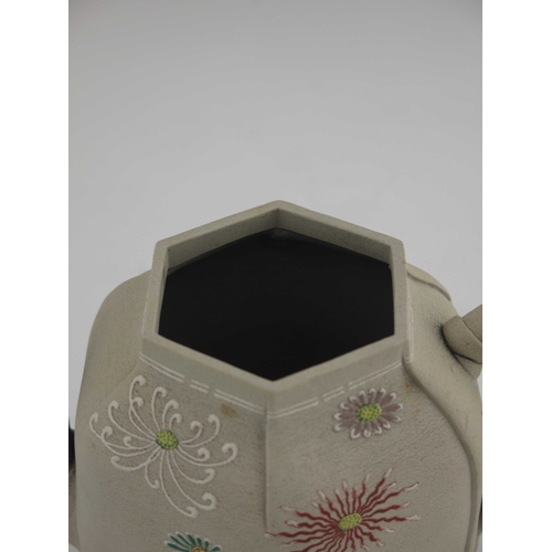 420 - A Japanese Kyoto Ware teapot, enamelled with chrysanthemums on a folded hexagonal section ovoid body... 