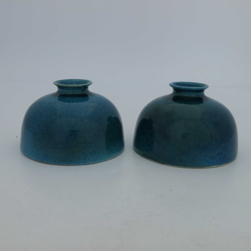 428 - A pair of Chinese circular squat vases, electric blue mottled glazed, 9cm high (2)