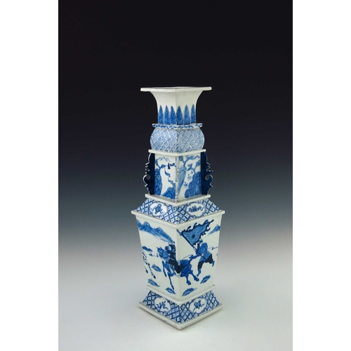 436 - A 19th Century Chinese blue and white pagoda vase, of tiered and tapered square section, painted wit... 