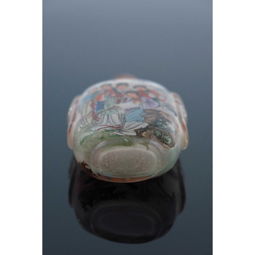 457 - A Chinese clear glass snuff bottle, moulded beast mask shoulders, internally painted with Geishas ar... 