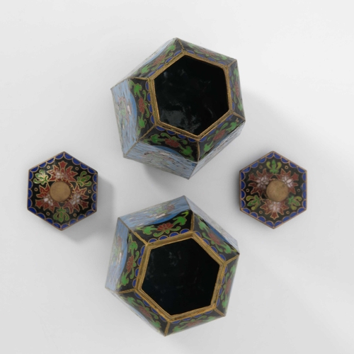 465 - A pair of Japanese cloisonne covered vases, Meiji period, 1868-1912, of hexagonal tapered form, deco... 