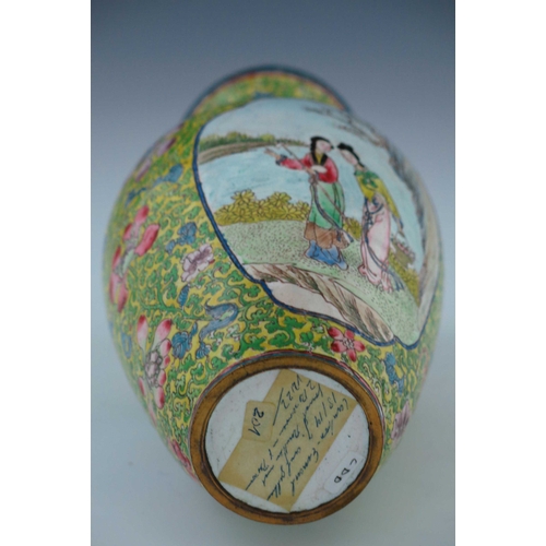 466 - A 19th Century Cantonese enamel baluster vase, decorated with cartouche panels of fashionable ladies... 