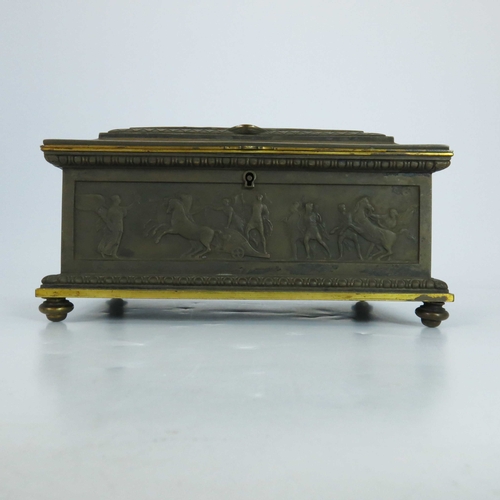 485 - Asprey and Son, a revivalist bronzed copper and gilt cigar casket, circa 1870, cuboid form, cast wit... 