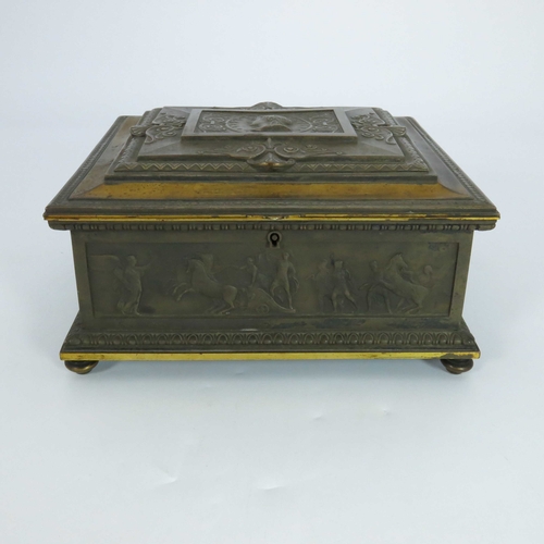 485 - Asprey and Son, a revivalist bronzed copper and gilt cigar casket, circa 1870, cuboid form, cast wit... 