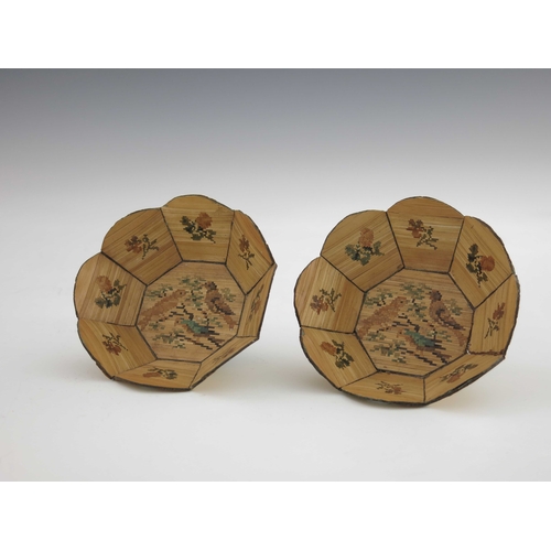 489 - A pair of 19th Century straw-work baskets, of scalloped form with birds on branches design, 10cm dia... 