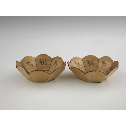 489 - A pair of 19th Century straw-work baskets, of scalloped form with birds on branches design, 10cm dia... 