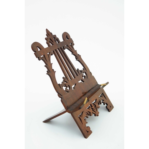 499 - A mid 19th Century rosewood table top music easel, circa 1860, fretwork lyre design, hinged to fold ... 