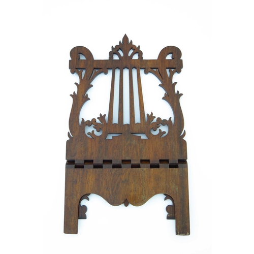 499 - A mid 19th Century rosewood table top music easel, circa 1860, fretwork lyre design, hinged to fold ... 