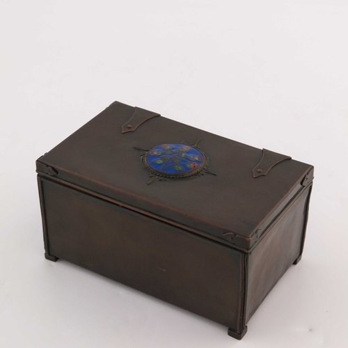 509 - John Paul Cooper (attributed), an Arts and Crafts copper and enamelled box, cuboid form with plain p... 