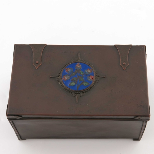 509 - John Paul Cooper (attributed), an Arts and Crafts copper and enamelled box, cuboid form with plain p... 