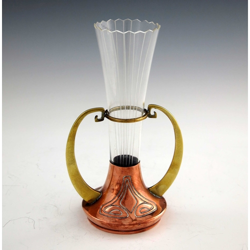 529 - WMF, a Jugendstil copper, brass and glass vase, the splayed base incised with geometric scroll motif... 