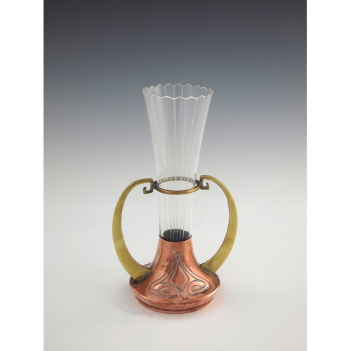 529 - WMF, a Jugendstil copper, brass and glass vase, the splayed base incised with geometric scroll motif... 