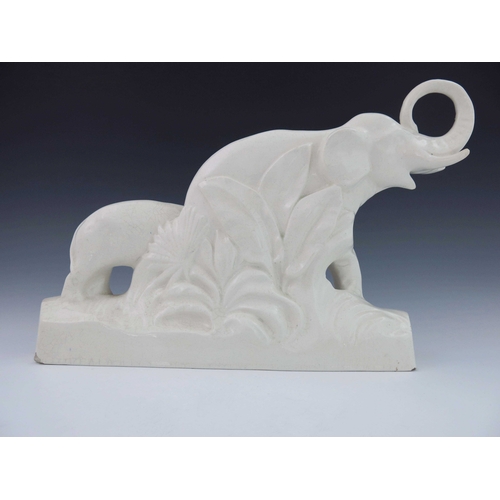 620 - L Francois, an Art Deco ceramic figure group, modelled as elephants, white craquelure glaze, 46cm lo... 