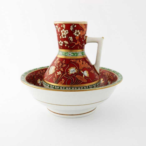 632 - Christopher Dresser for Minton, an Aesthetic Movement jug and bowl, 1883, the jug of angled baluster... 