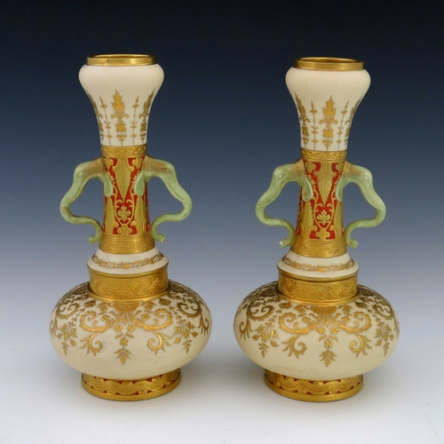 634 - Christopher Dresser (attributed) for Minton, a pair of Aesthetic Movement vases, 1888, twin handled ... 