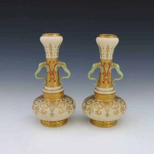 634 - Christopher Dresser (attributed) for Minton, a pair of Aesthetic Movement vases, 1888, twin handled ... 