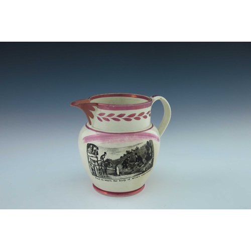 785 - A Sunderland Lustre jug, mid 19th century, shouldered form, transfer printed to each side with a sce... 