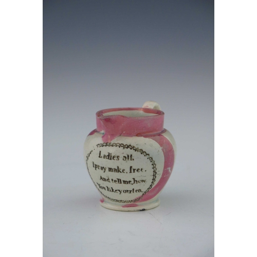 788 - A small Sunderland Lustre jug, mid 19th century, shouldered form, printed with a verse 'Ladies all',... 