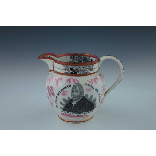 789 - A Sunderland Lustre jug, Adam Clarke, transfer printed with an image of the Wesleyan Minister, the r... 