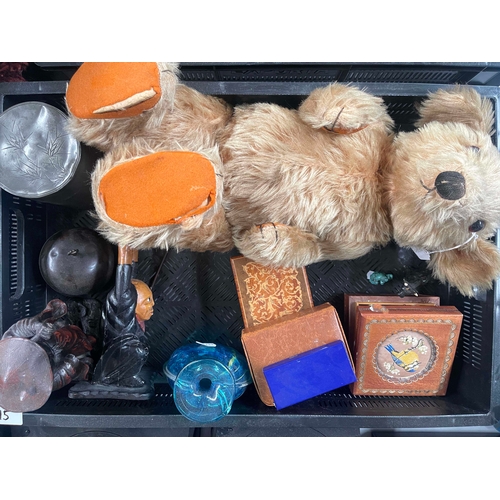 15 - Assorted wares including a 1940s teddy bear, an Oriental cast figure of a man carrying bells, an unu... 