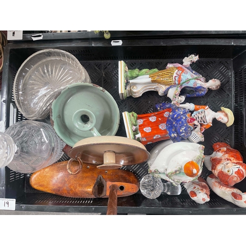 19 - A collection of ceramics and glass, including two Chelsea figures, a pair of Staffordshire dogs, a d... 