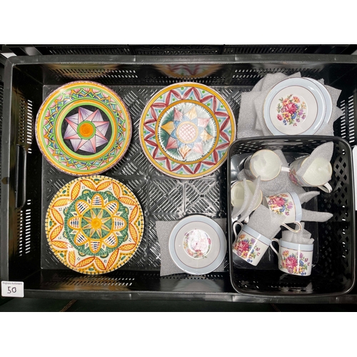 50 - Three HB Quimper plates with geometric designs, together with a Taylor & Kent six coffee cans and sa... 