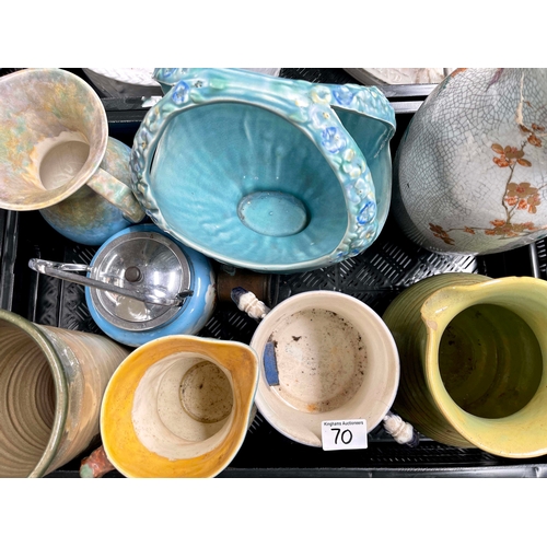 70 - A collection of large ceramics, including Samford Ware Lucky Bluebird jug, a mottled Art Deco jug, O... 