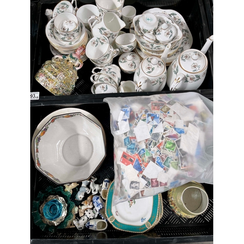 93 - A quantity of ceramics and glassware, including Crown Staffordshire tea ware, six Wade and other dog... 