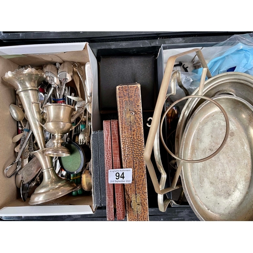 94 - A collection of silver and other metalware, including a George V silver trophy cup and base, Birming... 