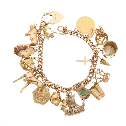 13 - A 9ct gold curb-link charm bracelet, with heart-shape padlock clasp, suspending eighteen charms and ... 