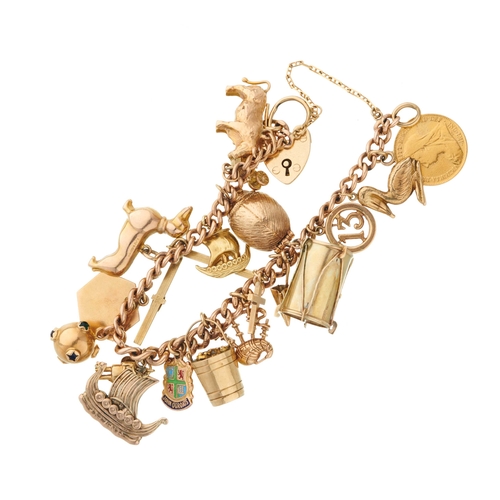 13 - A 9ct gold curb-link charm bracelet, with heart-shape padlock clasp, suspending eighteen charms and ... 