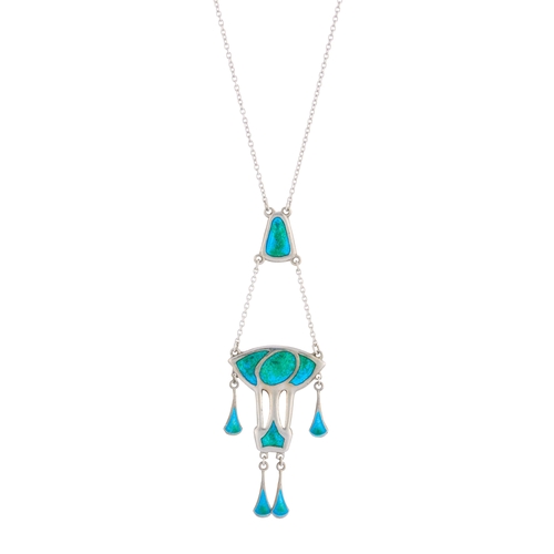 16 - Charles Horner, an Art Nouveau silver, blue and green enamel multi-drop pendant, suspended from a la... 